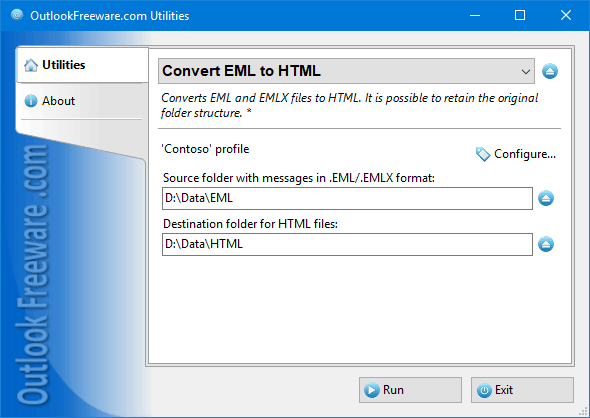 Settings of the 'Convert EML to HTML' utility