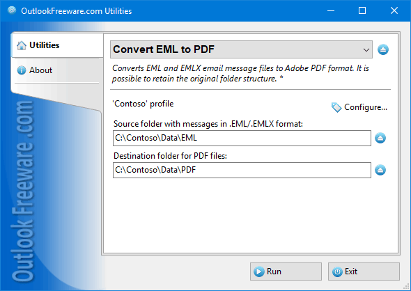 Settings of the 'Convert EML to PDF' utility