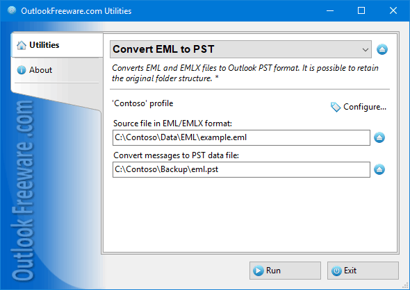 Settings of the 'Convert EML to PST' utility