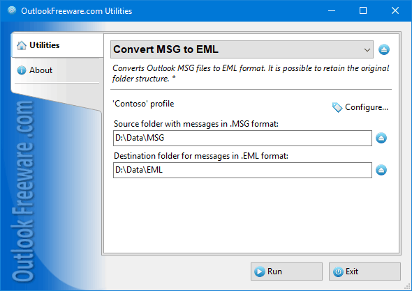 Settings of the 'Convert MSG to EML' utility