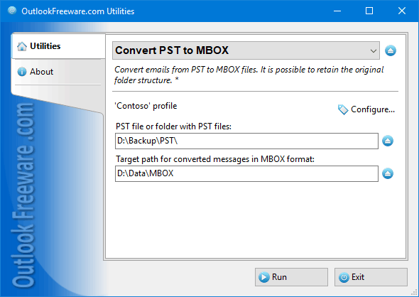 Settings of the 'Convert PST to MBOX' utility