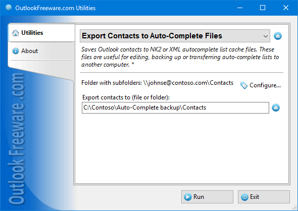 Saves Outlook contacts to NK2 or XML files.