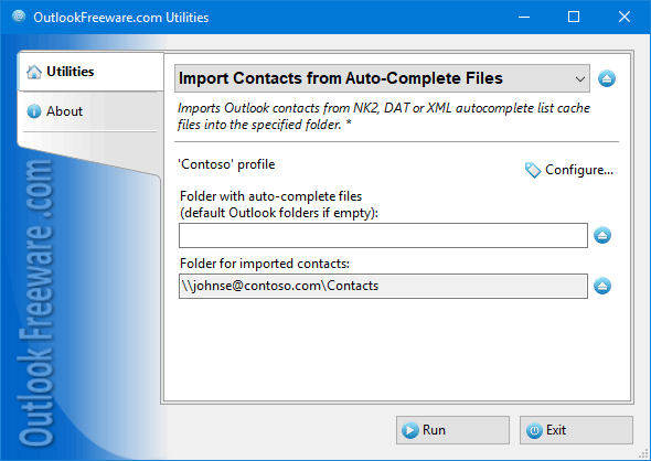 Imports Outlook contacts from NK2, DAT, XML.