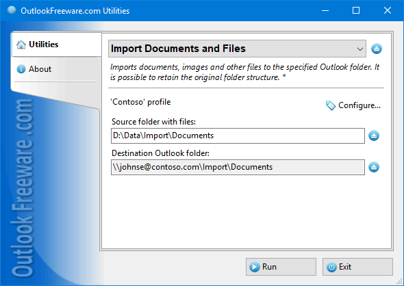 Imports documents and other files to Outlook.