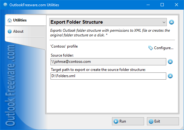 Exports Outlook folder structure to XML file.