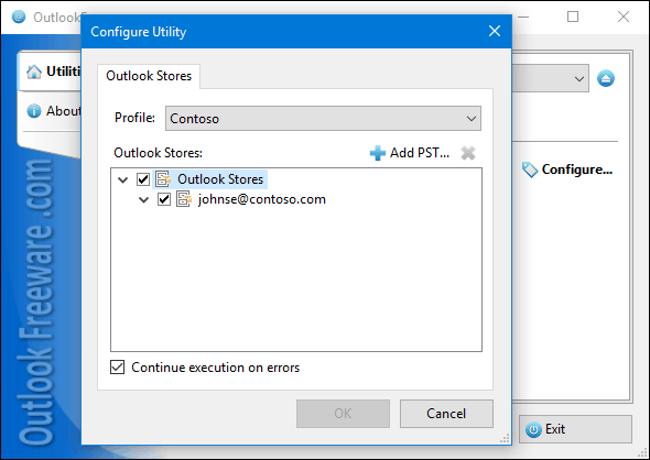 Selecting Outlook mailboxes and PST data files to run the utility