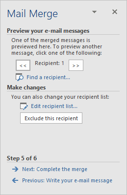 Слияние почты MS Word: шаг 5, предварительный просмотр сообщений