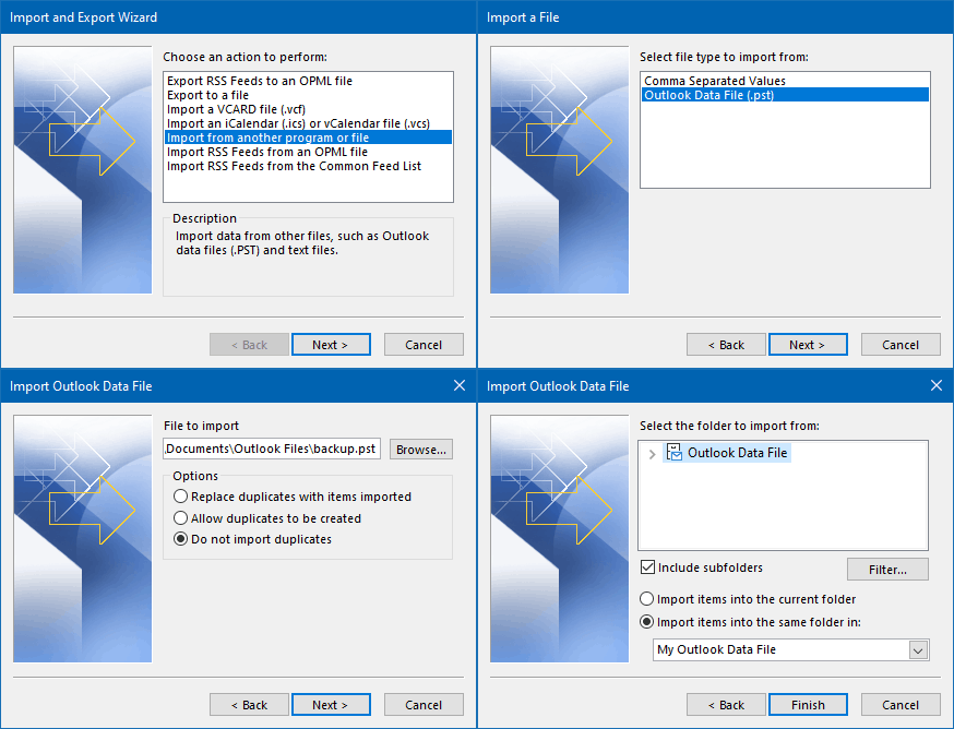 Import PST data file in Outlook