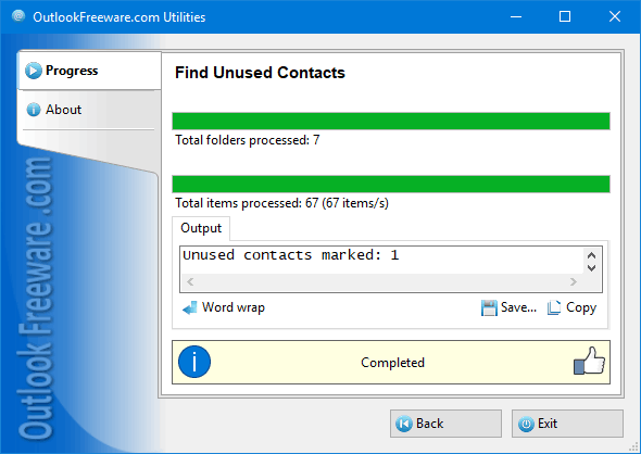 Results of the 'Find Unused Contacts' utility