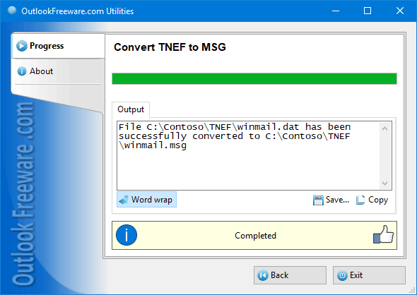 Results of the 'Convert TNEF to MSG' utility