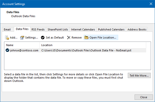 Open Outlook PST/OST data file location
