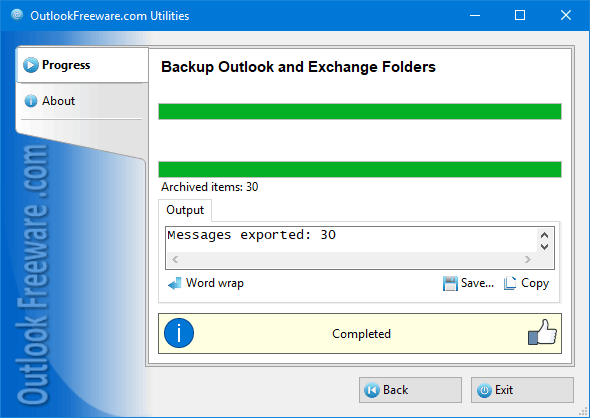 Results of the 'Backup Outlook and Exchange Folders' utility