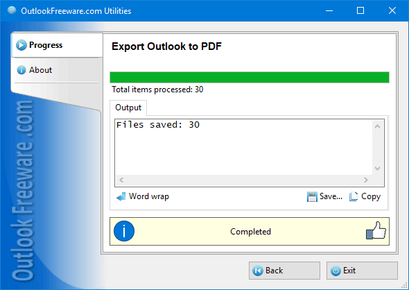 Results of the 'Export Outlook to PDF' utility