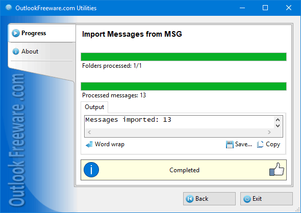 Results of the 'Import Messages from MSG' utility
