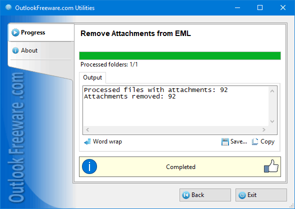 Results of the 'Remove Attachments from EML' utility