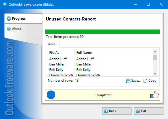 Results of the 'Unused Contacts Report' utility
