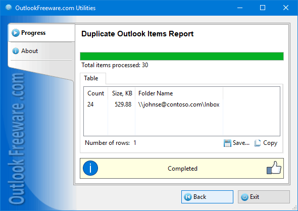 Results of the 'Duplicate Outlook Items Report' utility