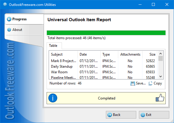 Results of the 'Universal Outlook Item Report' utility