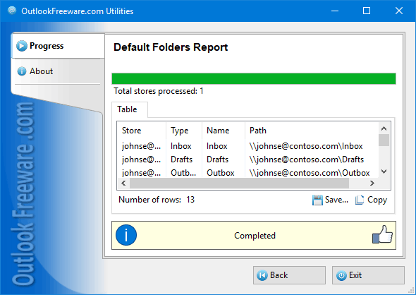 Results of the 'Default Folders Report' utility