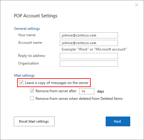 Настройка доставки почты POP3 в Outlook