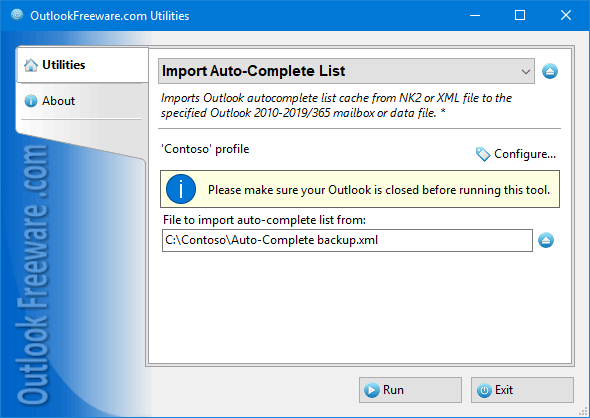 Settings of the 'Import Auto-Complete List' utility