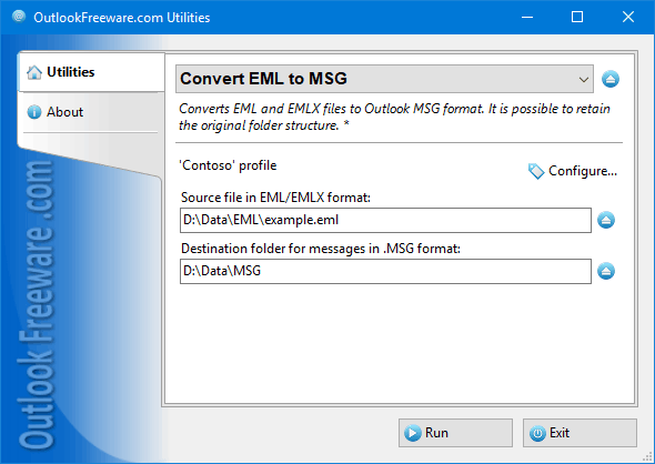 Settings of the 'Convert EML to MSG' utility