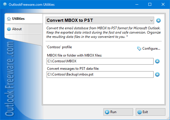 Settings of the 'Convert MBOX to PST' utility