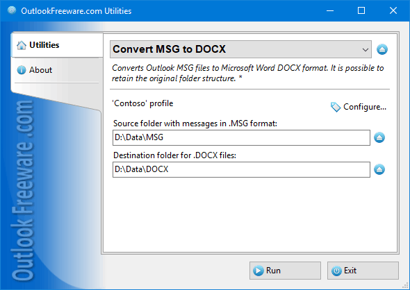 Settings of the 'Convert MSG to DOCX' utility