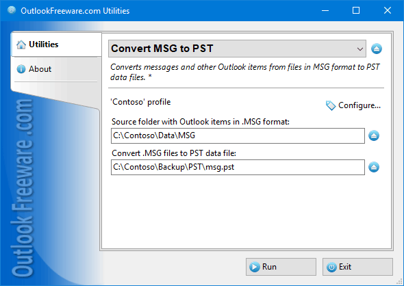Settings of the 'Convert MSG to PST' utility