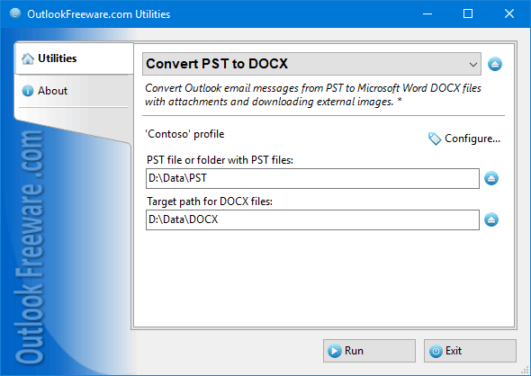 Settings of the 'Convert PST to DOCX' utility