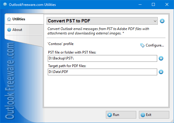 Settings of the 'Convert PST to PDF' utility