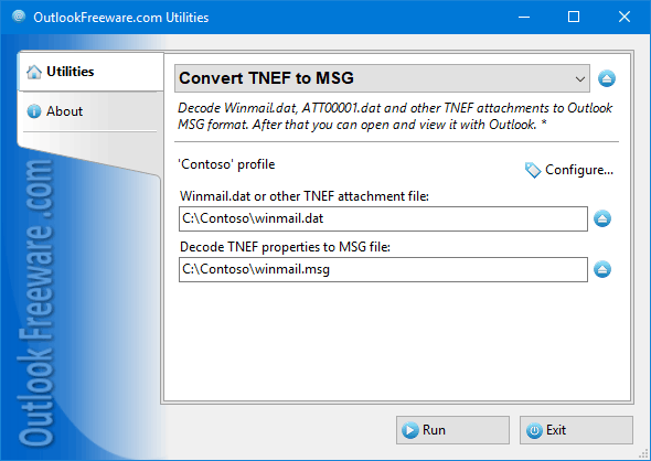 Settings of the 'Convert TNEF to MSG' utility