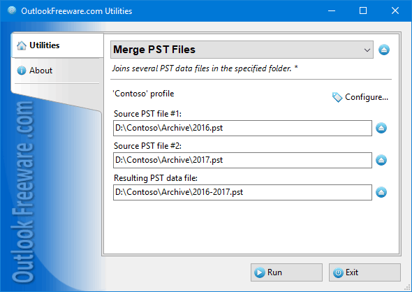 Settings of the 'Merge PST Files' utility