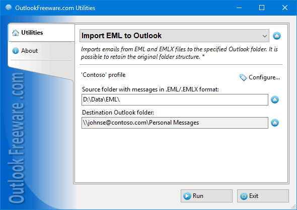 Settings of the 'Import EML to Outlook' utility
