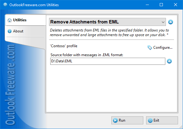 Settings of the 'Remove Attachments from EML' utility